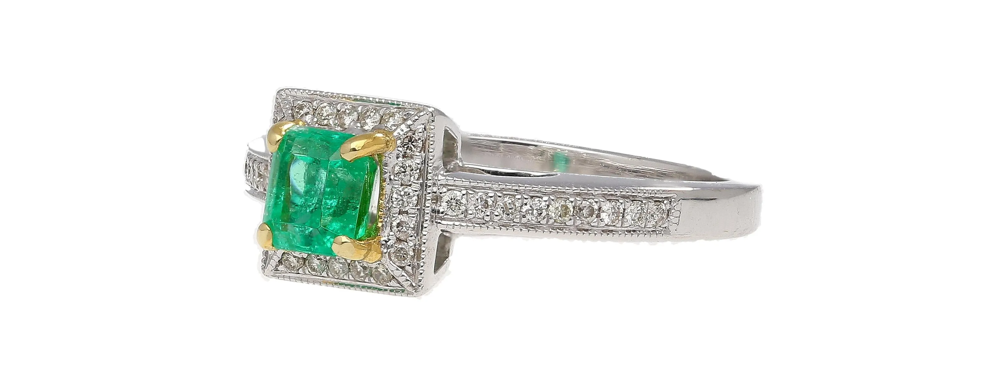 0.61 Carat Emerald & Diamond Square Shape Ring in 14K White Gold Size 6.5