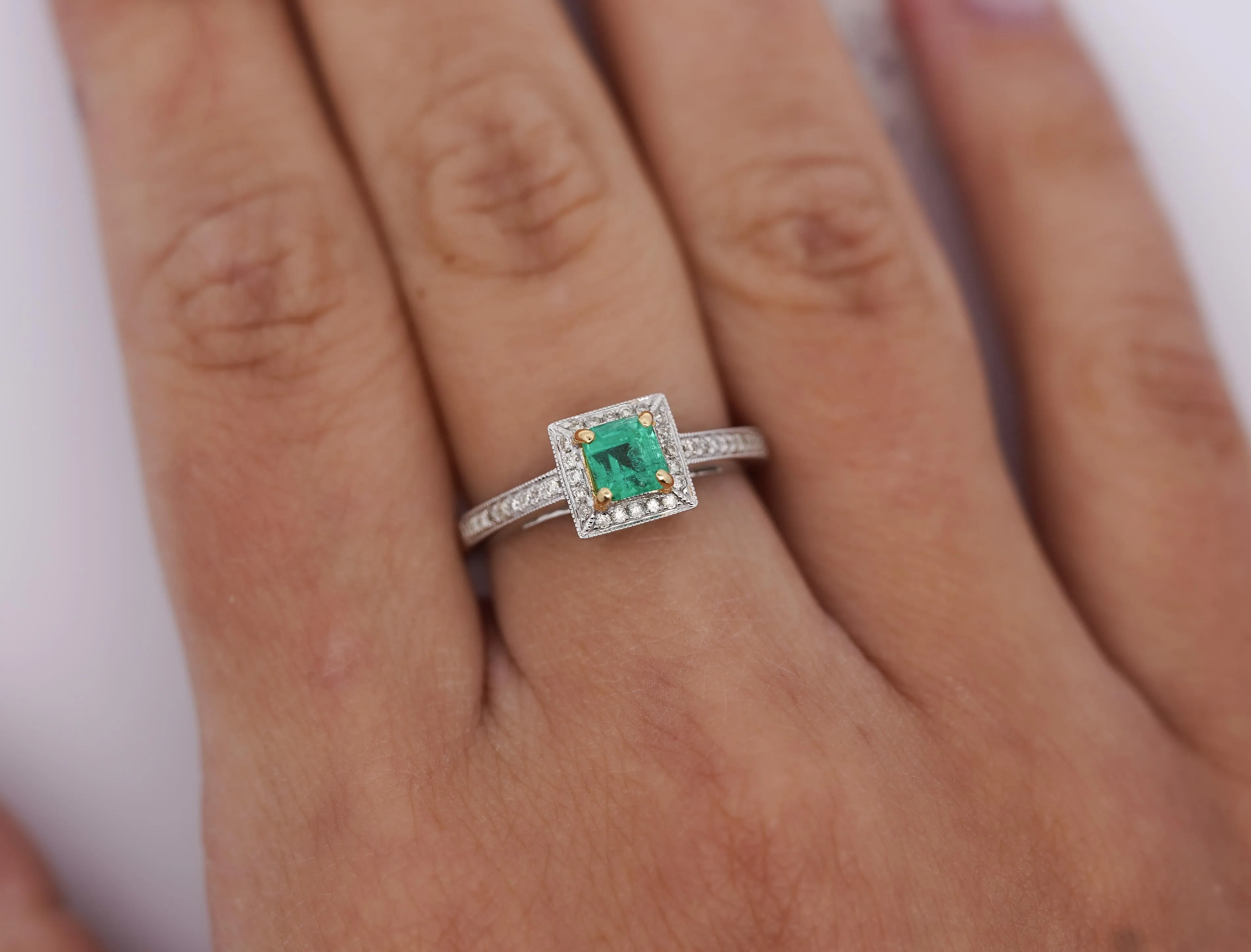 0.61 Carat Emerald & Diamond Square Shape Ring in 14K White Gold Size 6.5