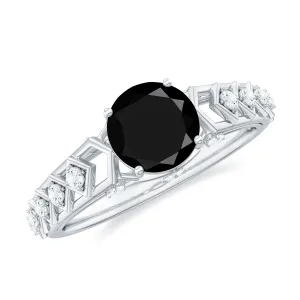 1 CT Solitaire Black Diamond and Moissanite Ring with Cut Work Gold Embellishment