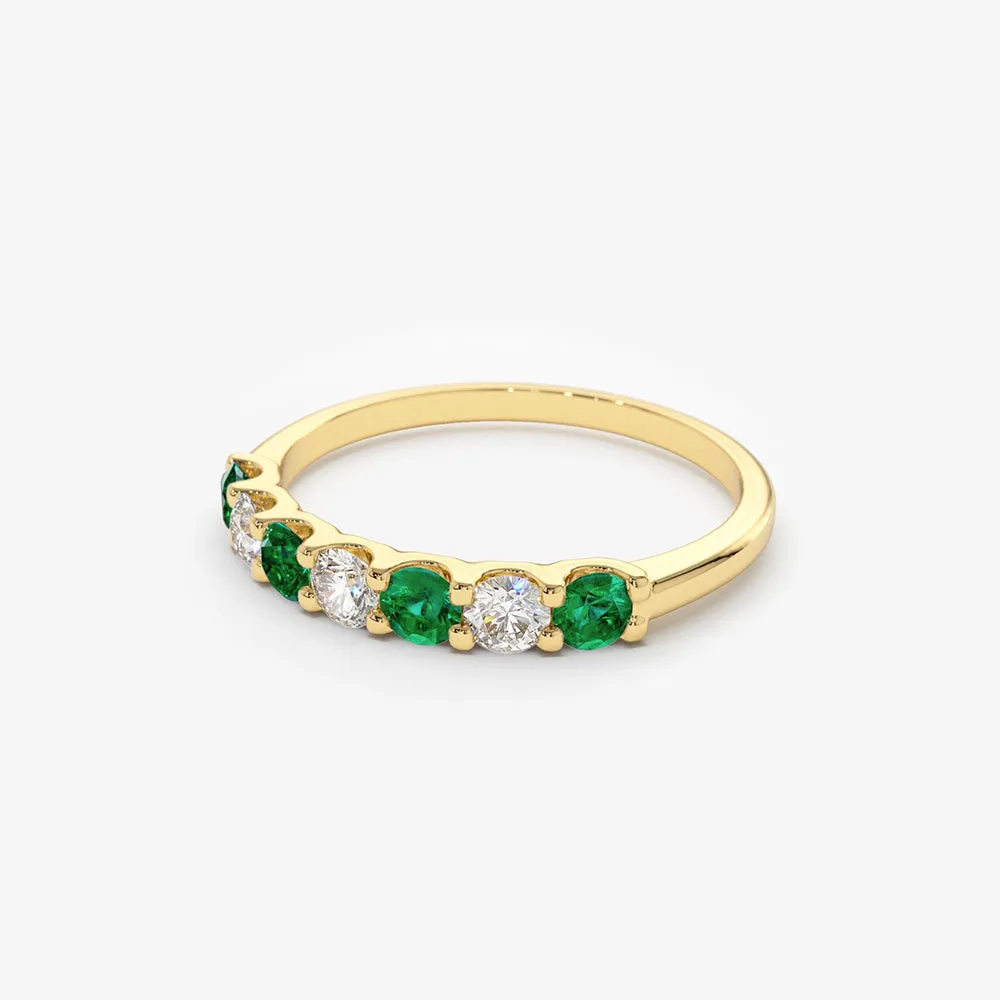 14K Gold Alternating Emerald and Diamond Wedding Band