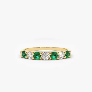 14K Gold Alternating Emerald and Diamond Wedding Band