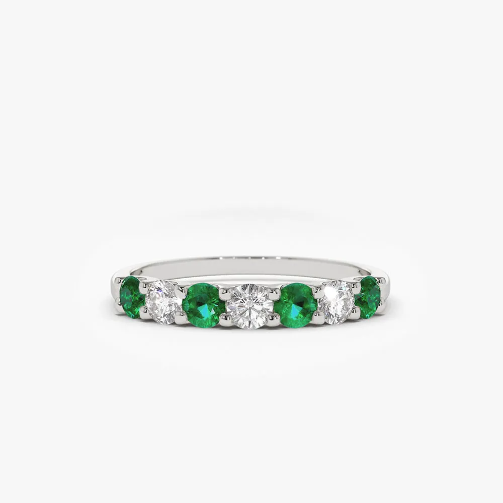 14K Gold Alternating Emerald and Diamond Wedding Band