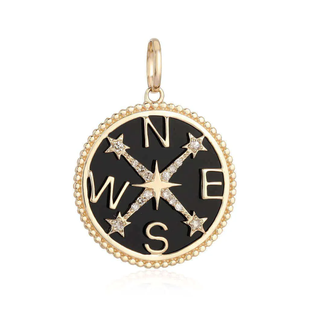 14K Gold Gemstone Compass Coin Diamond Necklace Charm