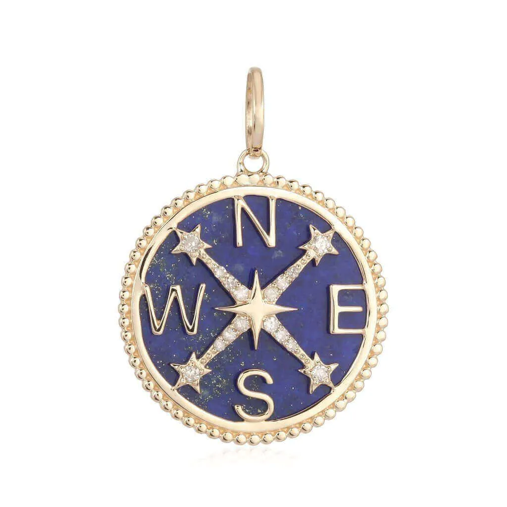 14K Gold Gemstone Compass Coin Diamond Necklace Charm