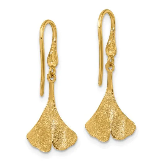 14K Polished and Textured Large Textured Gingko Leaf Dangle Earrings