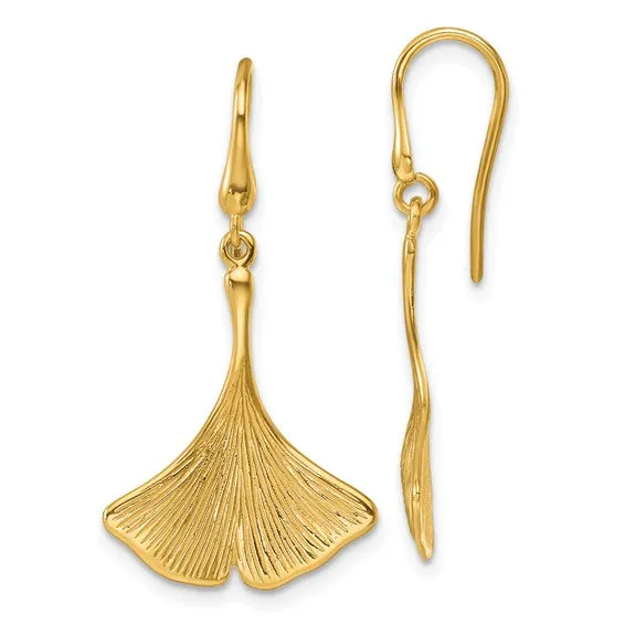 14K Polished and Textured Large Textured Gingko Leaf Dangle Earrings