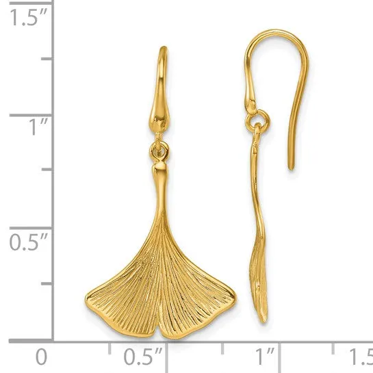 14K Polished and Textured Large Textured Gingko Leaf Dangle Earrings