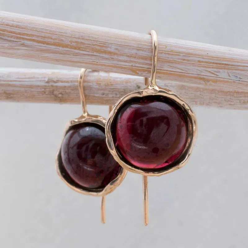 14K Rose Gold Round Red Garnet 12mm Dangle Earrings