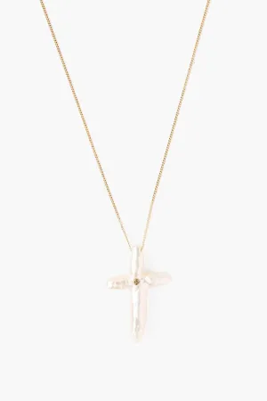 14k White Baroque Pearl Cross and Champagne Diamond Necklace