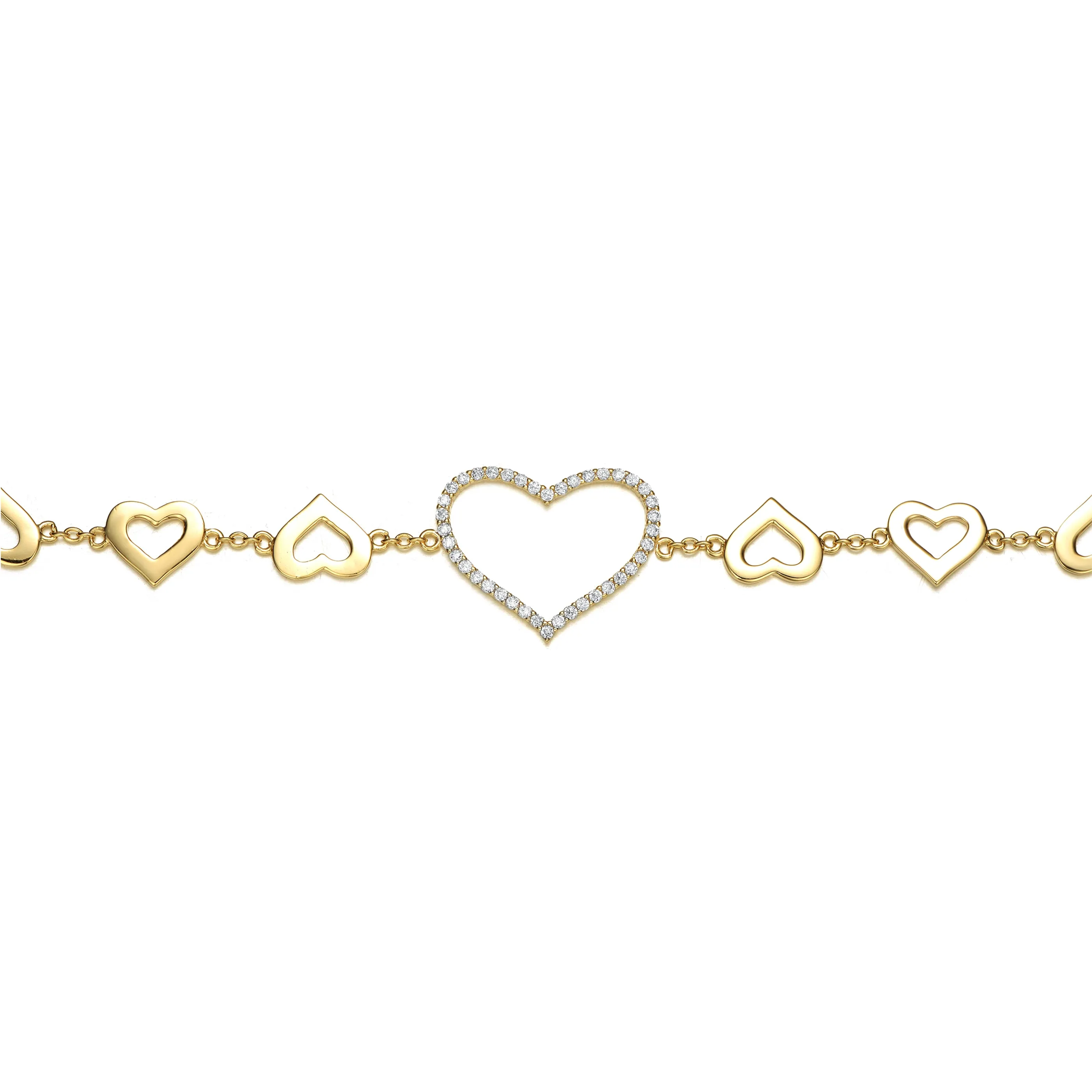 14k Yellow Gold Plated with Cubic Zirconia Heart Halo Charm Bracelet in Sterling Silver