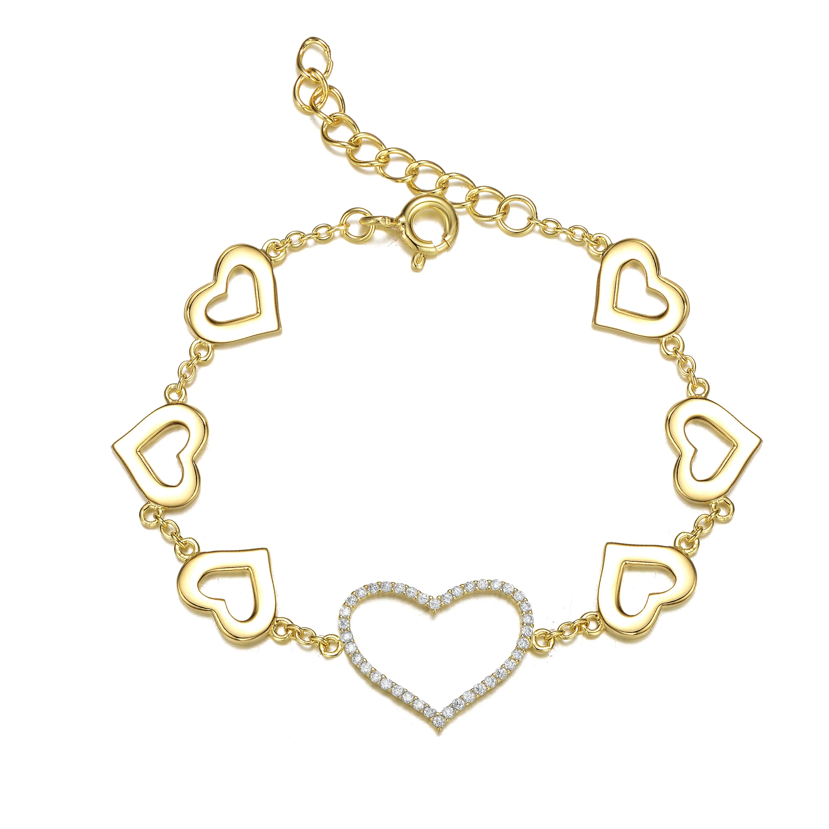 14k Yellow Gold Plated with Cubic Zirconia Heart Halo Charm Bracelet in Sterling Silver