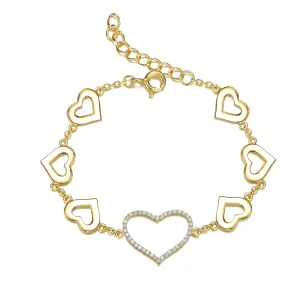 14k Yellow Gold Plated with Cubic Zirconia Heart Halo Charm Bracelet in Sterling Silver