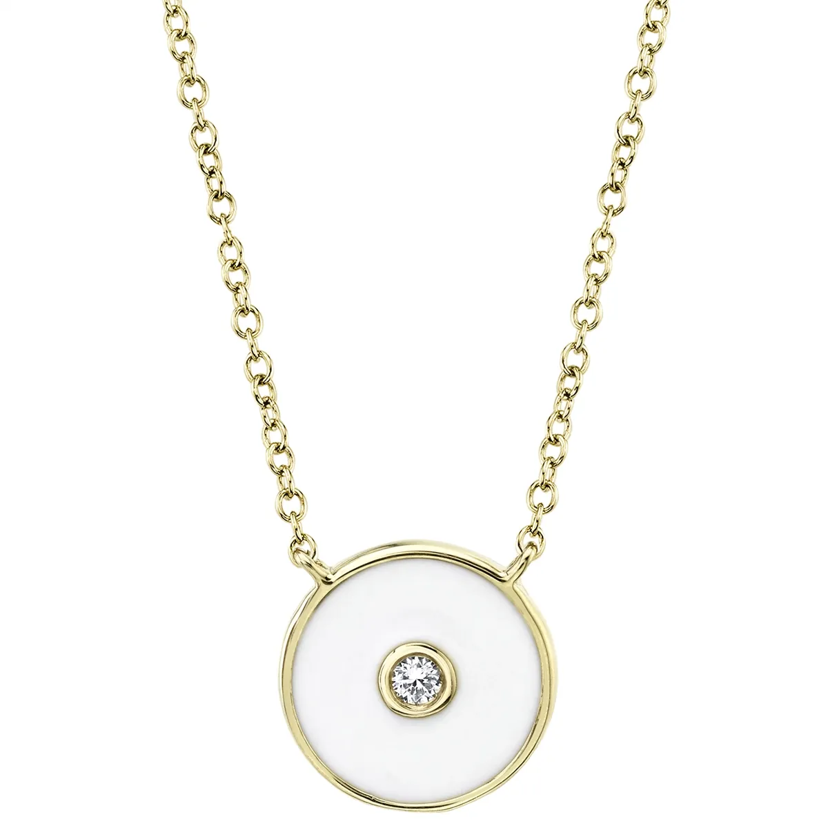 14K Yellow Gold White Enamel Circle Necklace with Diamond