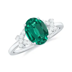 1.5 CT Oval Created Emerald Solitaire Split Shank Ring with Diamond