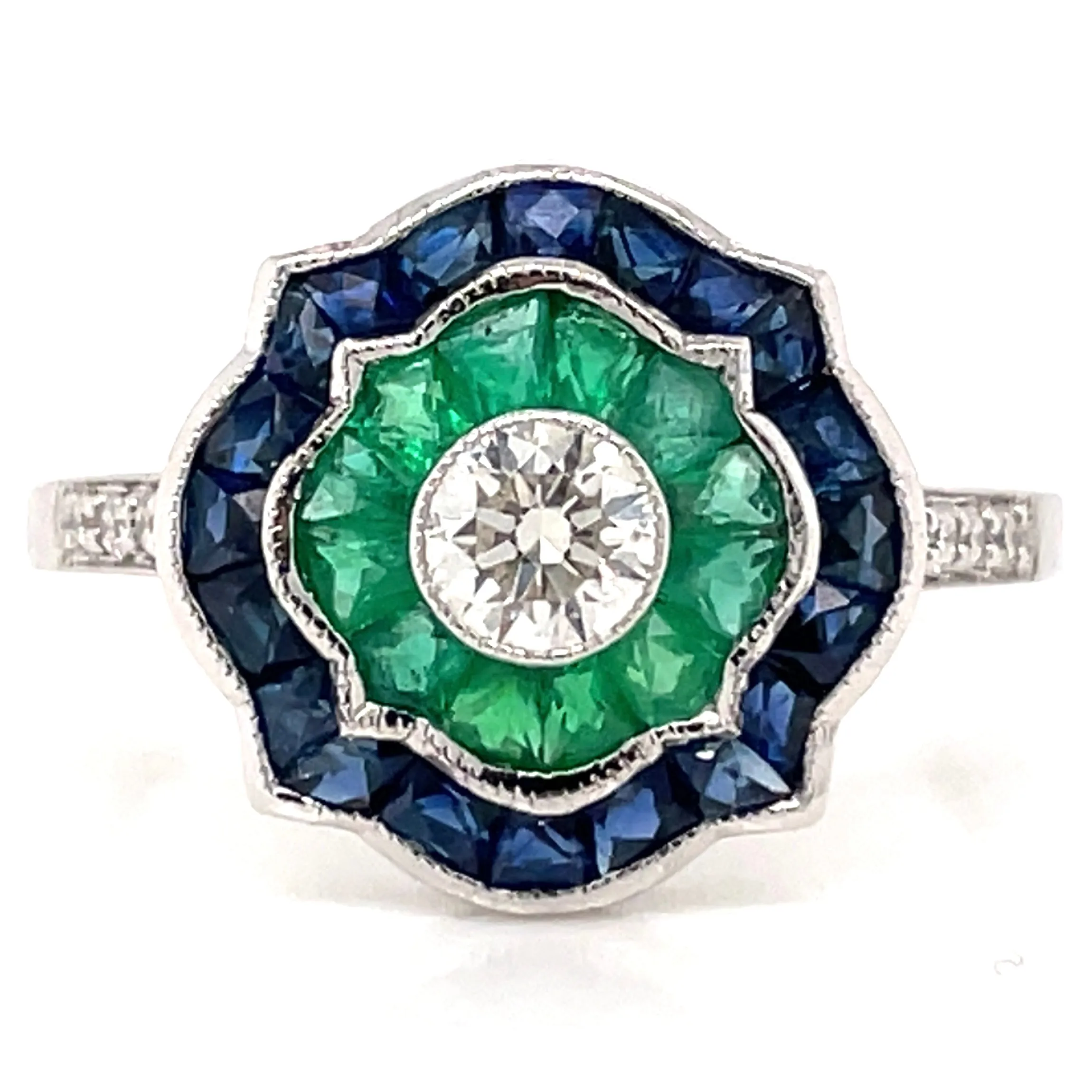 18ct White Gold Earth Grown Diamond, Sapphire And Emerald Ring