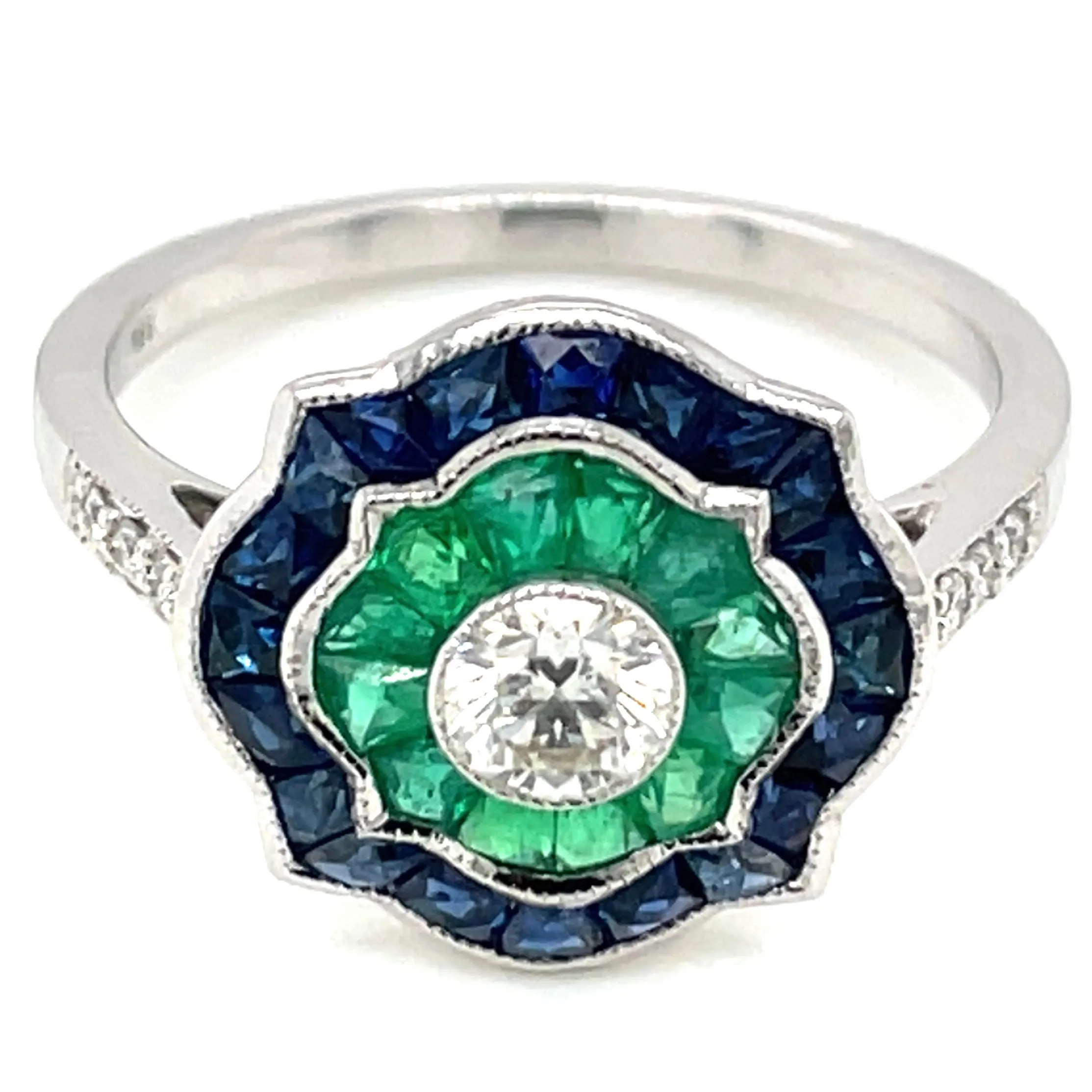 18ct White Gold Earth Grown Diamond, Sapphire And Emerald Ring