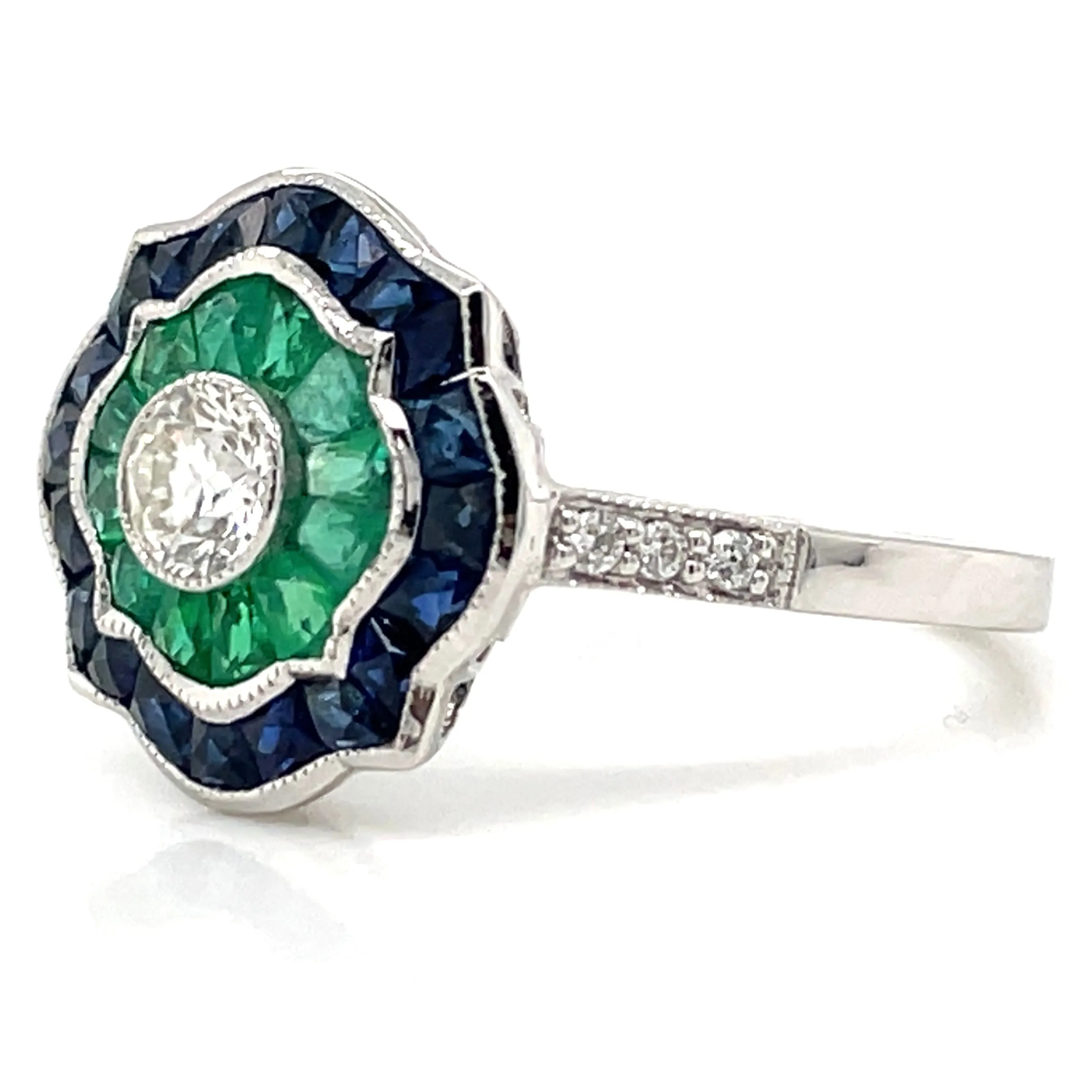 18ct White Gold Earth Grown Diamond, Sapphire And Emerald Ring