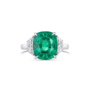 18K White Gold Cushion Cut Emerald Ring with Half Moon Diamond Sides