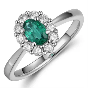 18K White Gold Oval Emerald with Diamond Halo Ring