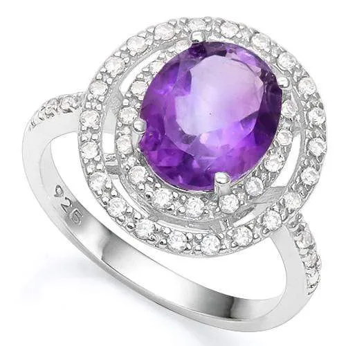 2 1/3 CT AMETHYST & 1/5 CT CREATED WHITE SAPPHIRE 925 STERLING SILVER RING