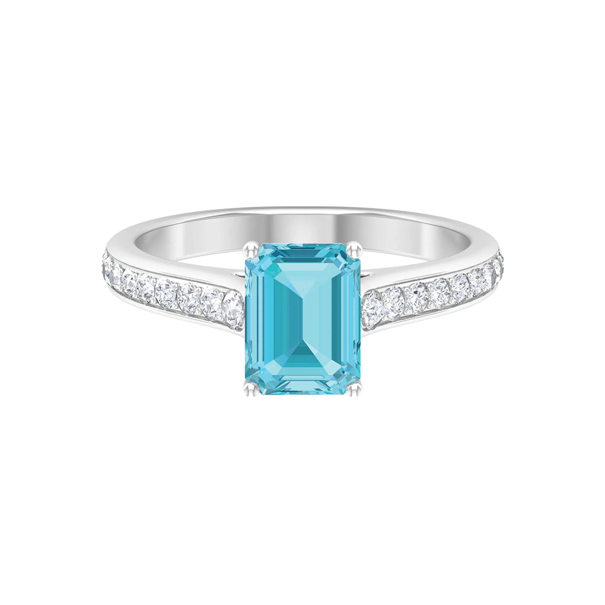 2.50 CT Emerald Cut Swiss Blue Topaz Solitaire with Diamond Side Stone Ring