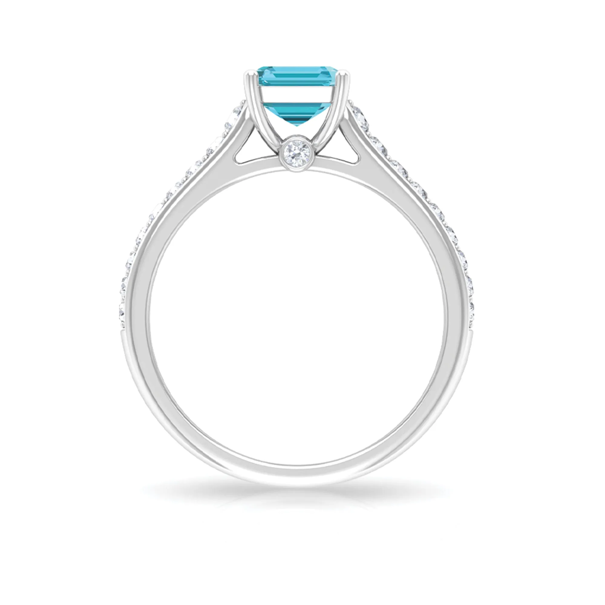 2.50 CT Emerald Cut Swiss Blue Topaz Solitaire with Diamond Side Stone Ring