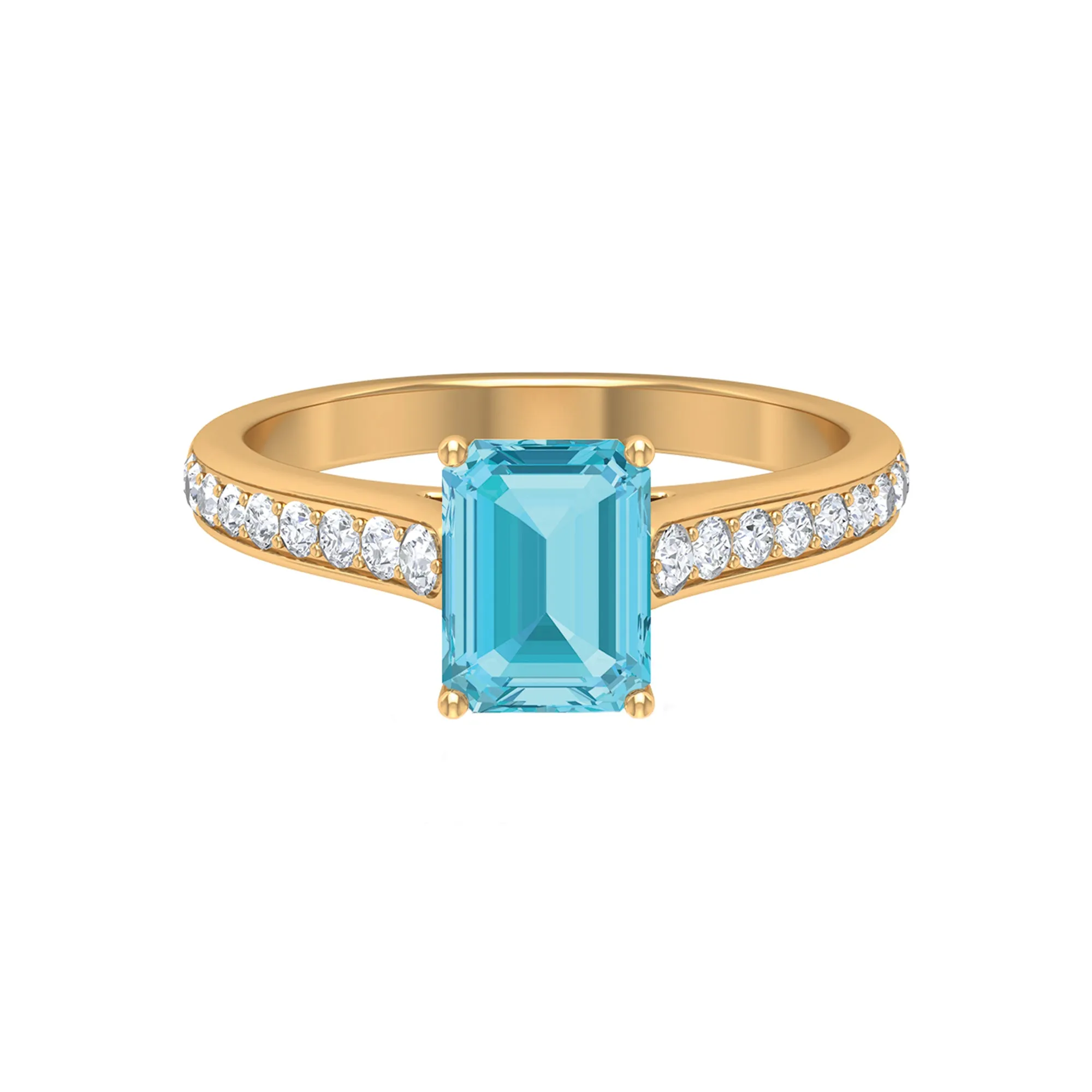 2.50 CT Emerald Cut Swiss Blue Topaz Solitaire with Diamond Side Stone Ring