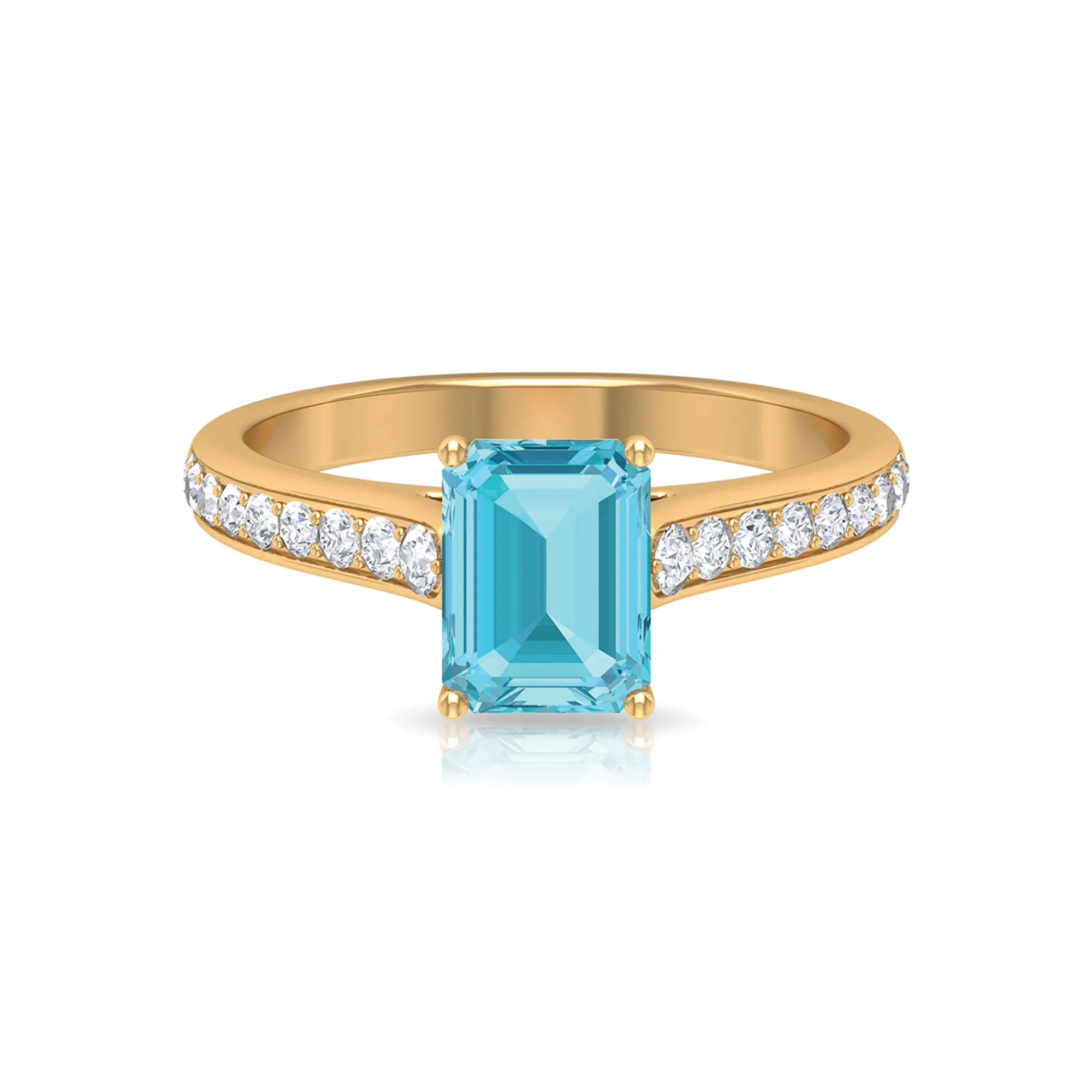 2.50 CT Emerald Cut Swiss Blue Topaz Solitaire with Diamond Side Stone Ring