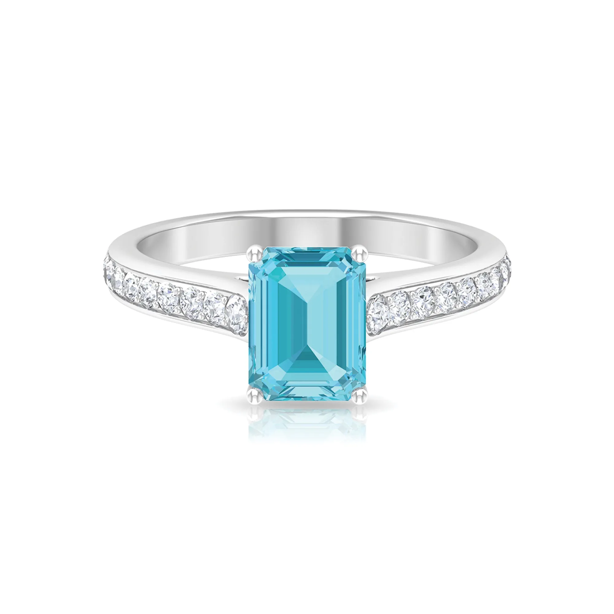 2.50 CT Emerald Cut Swiss Blue Topaz Solitaire with Diamond Side Stone Ring