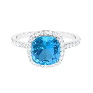 3 CT Cushion Cut Swiss Blue Topaz Solitaire Ring with Diamond Side Stones