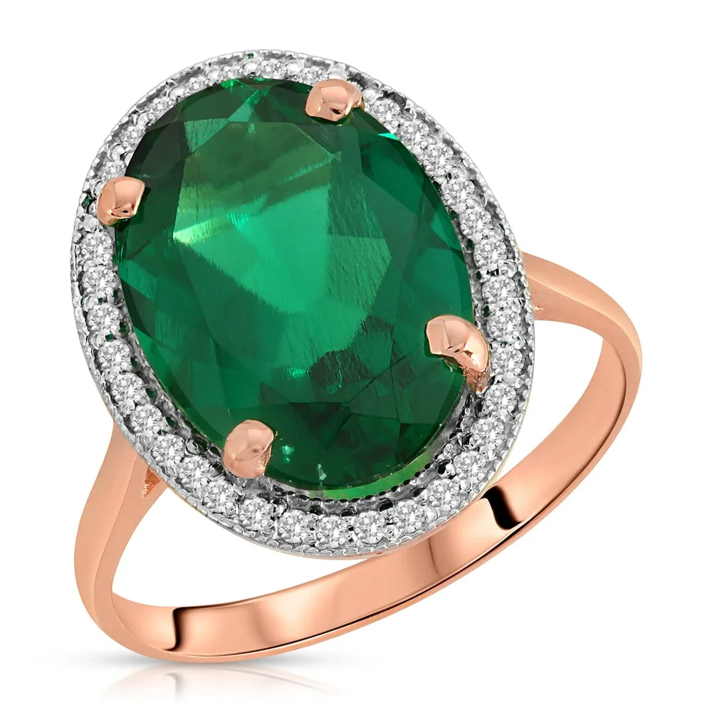 4.68 Carat Total Weight 14K Solid Rose Gold Emerald with Natural Diamonds Halo Ring Brilliant Oval Shape Cut Round Diamonds Anniversary Engagement Ring