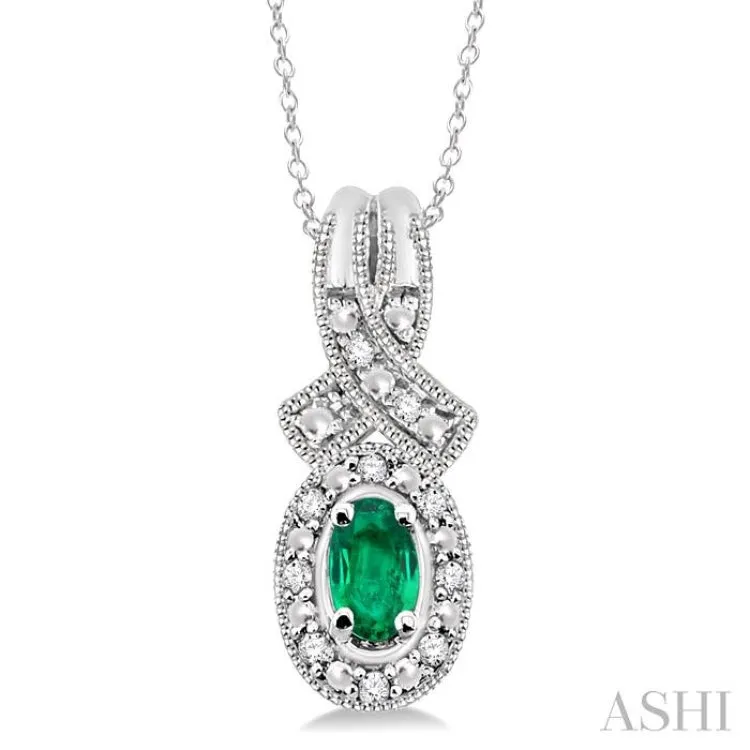 5x3 MM Oval Cut Emerald and 1/50 Ctw Single Cut Diamond Pendant in Sterling Silver with Chain