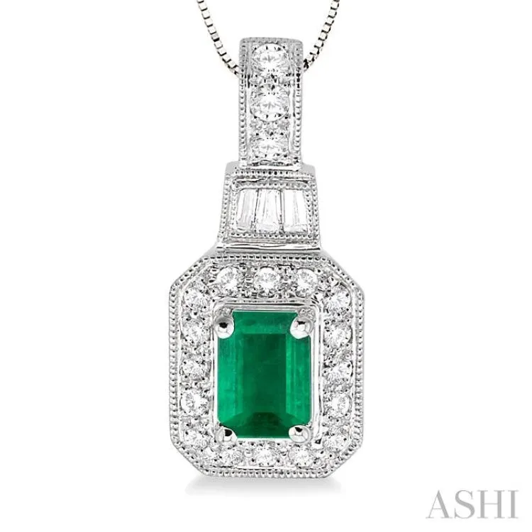 6x4 MM Octagon Cut Emerald and 1/4 Ctw Round and Baguette Cut Diamond Pendant in 14K White Gold with Chain