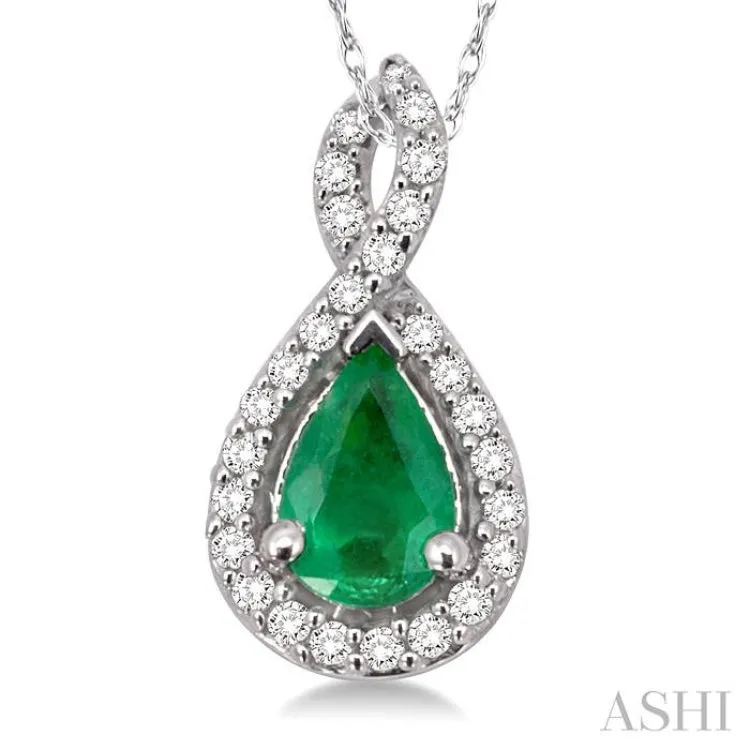 6x4 MM Pear Shape Emerald and 1/10 Ctw Round Cut Diamond Pendant in 14K White Gold with Chain