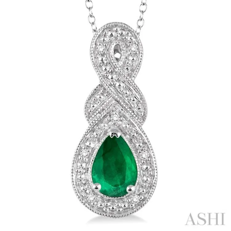 6x4 MM Pear Shape Emerald and 1/50 Ctw Round Cut Diamond Pendant in Sterling Silver with Chain