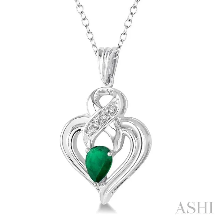 6x4  MM Pear Shape Emerald and 1/50 Ctw Single Cut Diamond Pendant in Sterling Silver with Chain