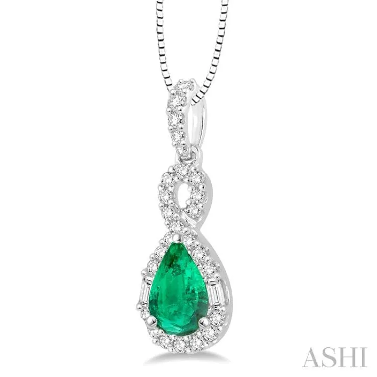 7x5 MM Pear Shape Emerald and 1/3 Ctw Diamond Pendant in 14K White Gold with Chain