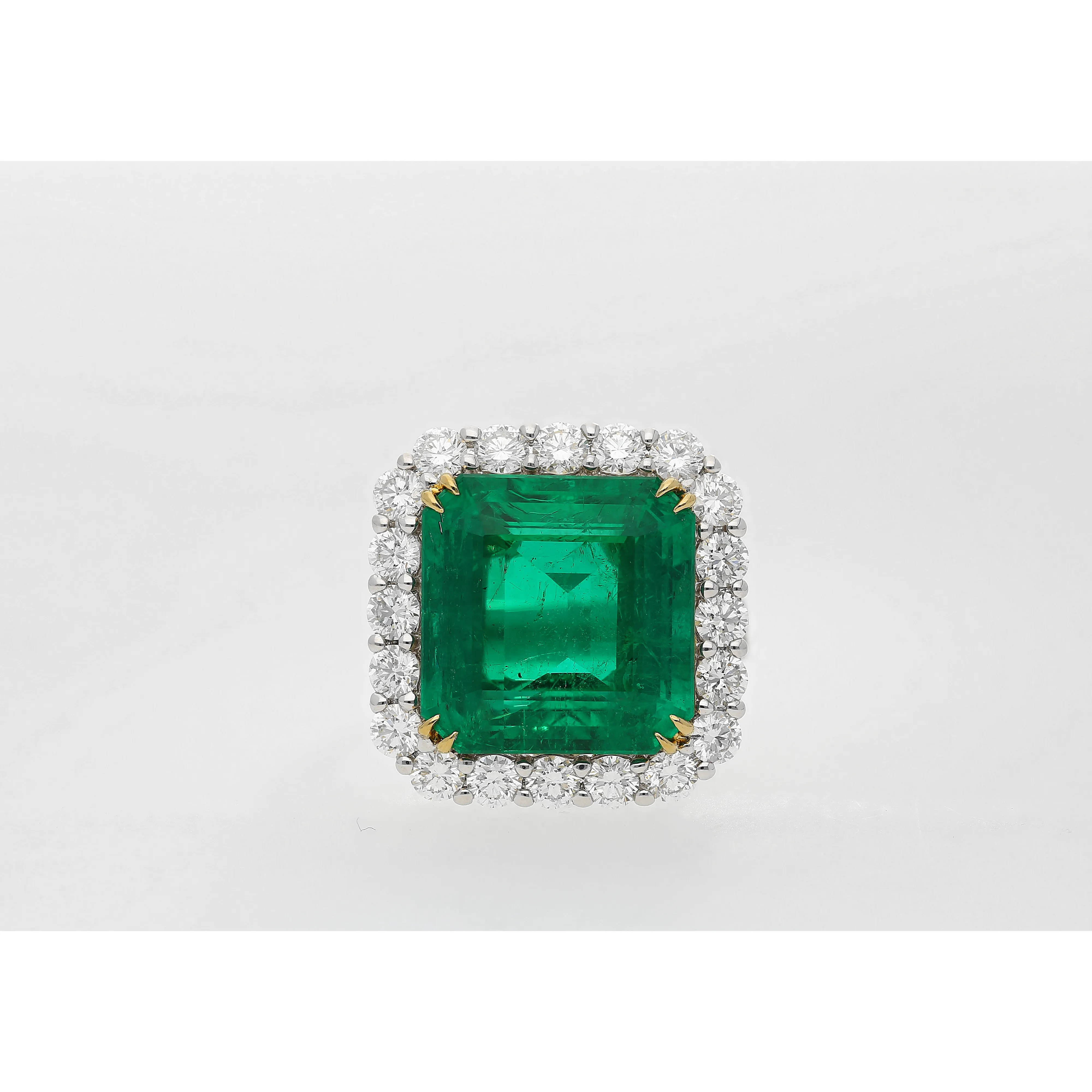 AGL Certified 16.46 Carat Minor Oil Vivid Colombian Emerald and Diamond Halo Ring