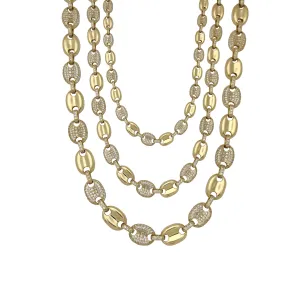 Alternating Iced-Out Puffy Mariner Link Chain (14K; Cubic Zirconia)