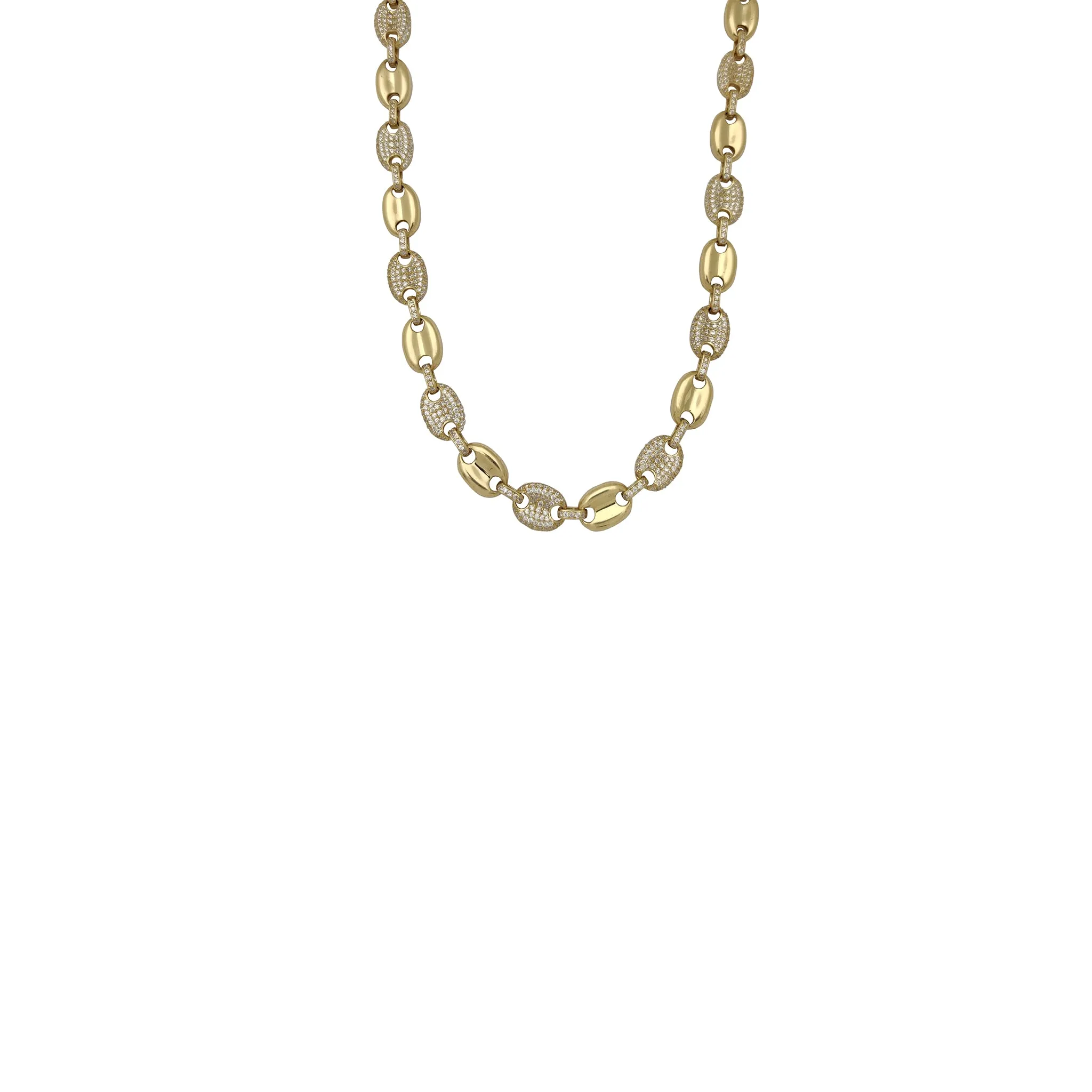 Alternating Iced-Out Puffy Mariner Link Chain (14K; Cubic Zirconia)