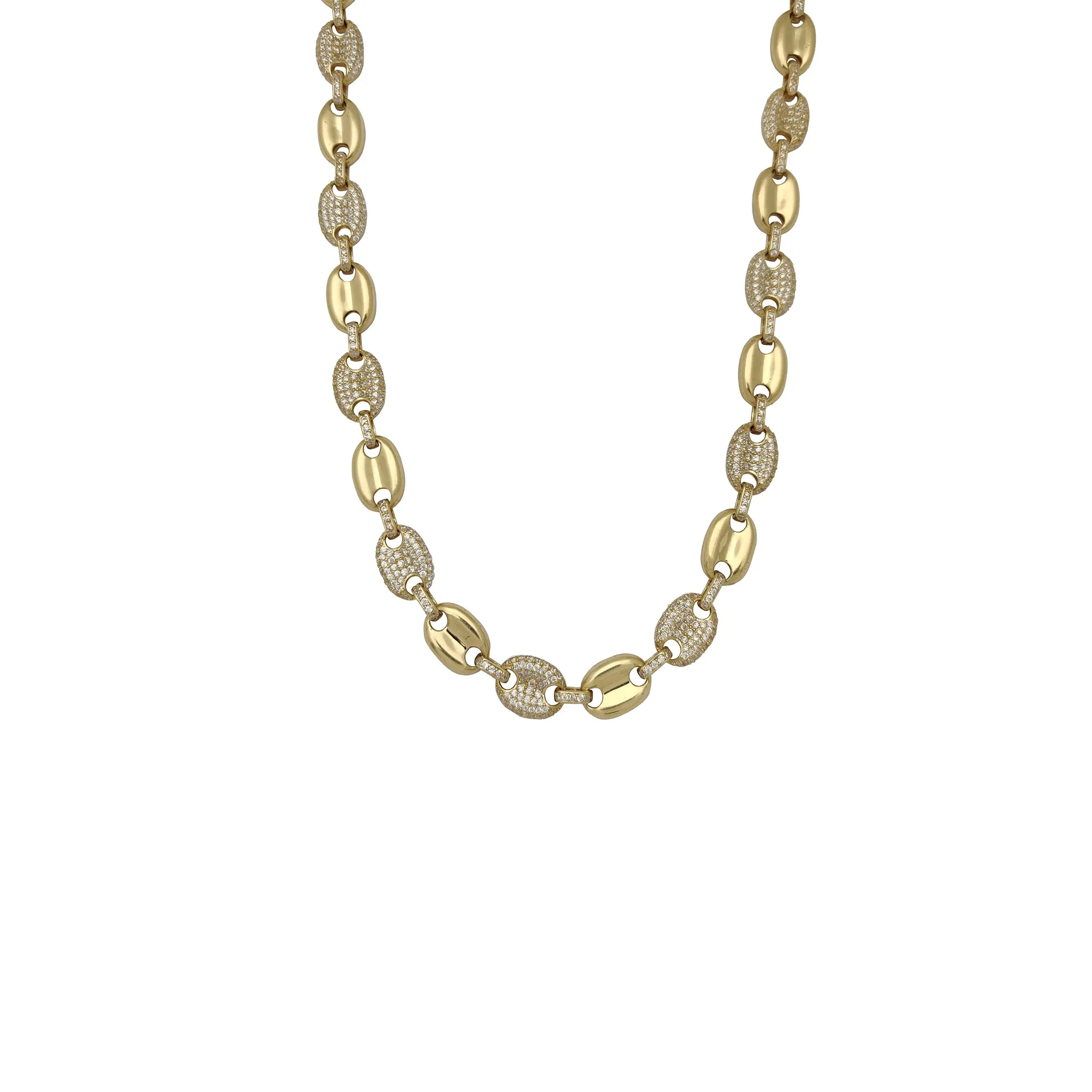 Alternating Iced-Out Puffy Mariner Link Chain (14K; Cubic Zirconia)