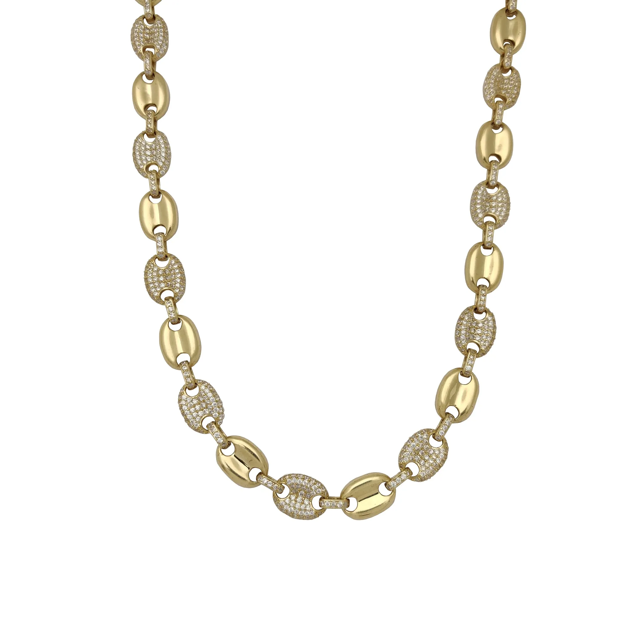 Alternating Iced-Out Puffy Mariner Link Chain (14K; Cubic Zirconia)