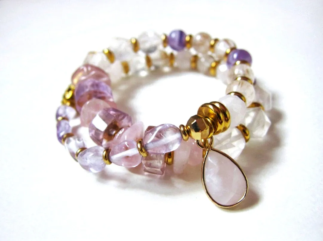 Ametrine, Cacoxenite Quartz, Rose Quartz and Lavender Chevron Mala Bracelet in 27 Beads