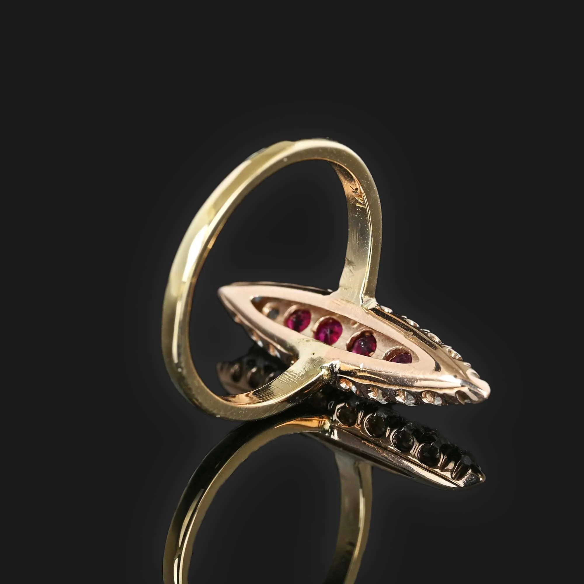 Antique Victorian Diamond Ruby Navette Ring in 14K Gold