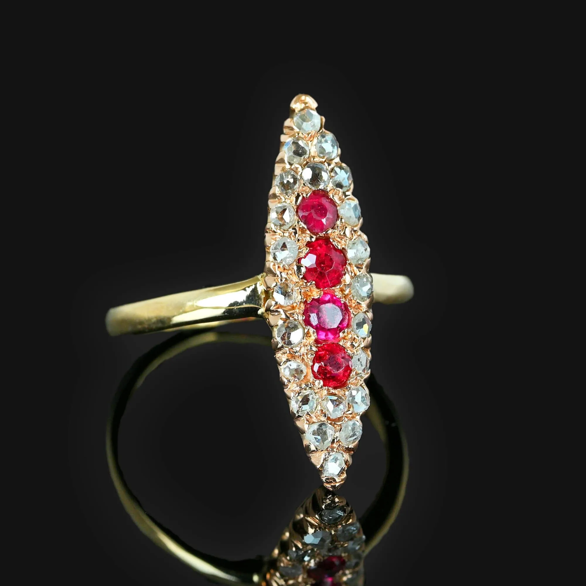 Antique Victorian Diamond Ruby Navette Ring in 14K Gold