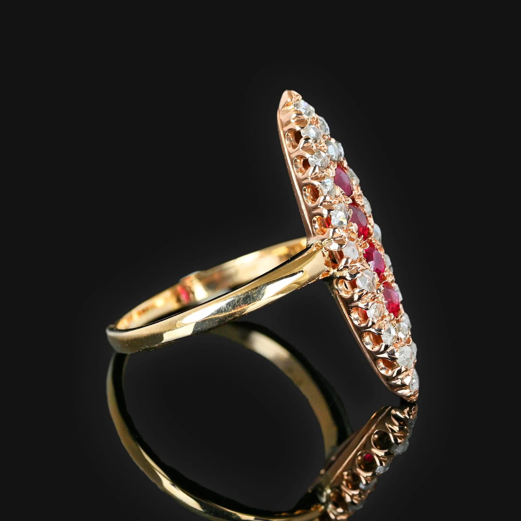 Antique Victorian Diamond Ruby Navette Ring in 14K Gold