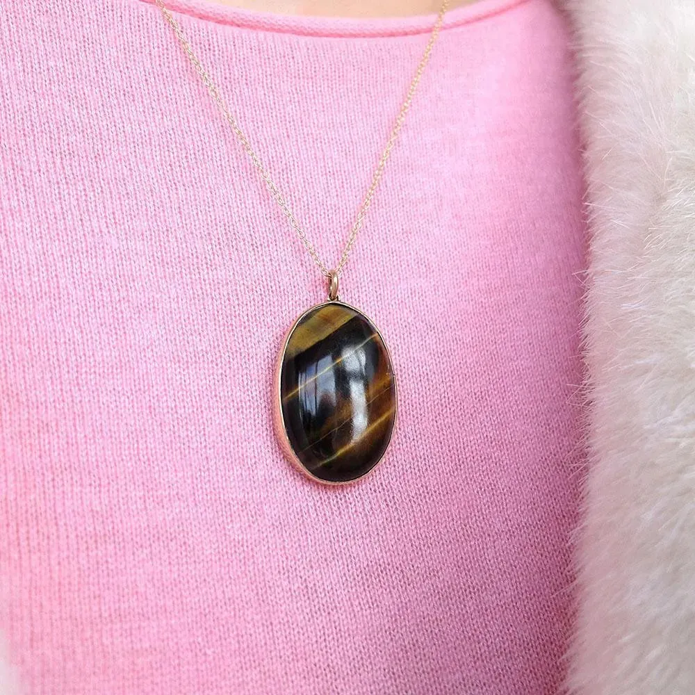 Antique Victorian Tigers Eye 9ct Gold Pendant Necklace