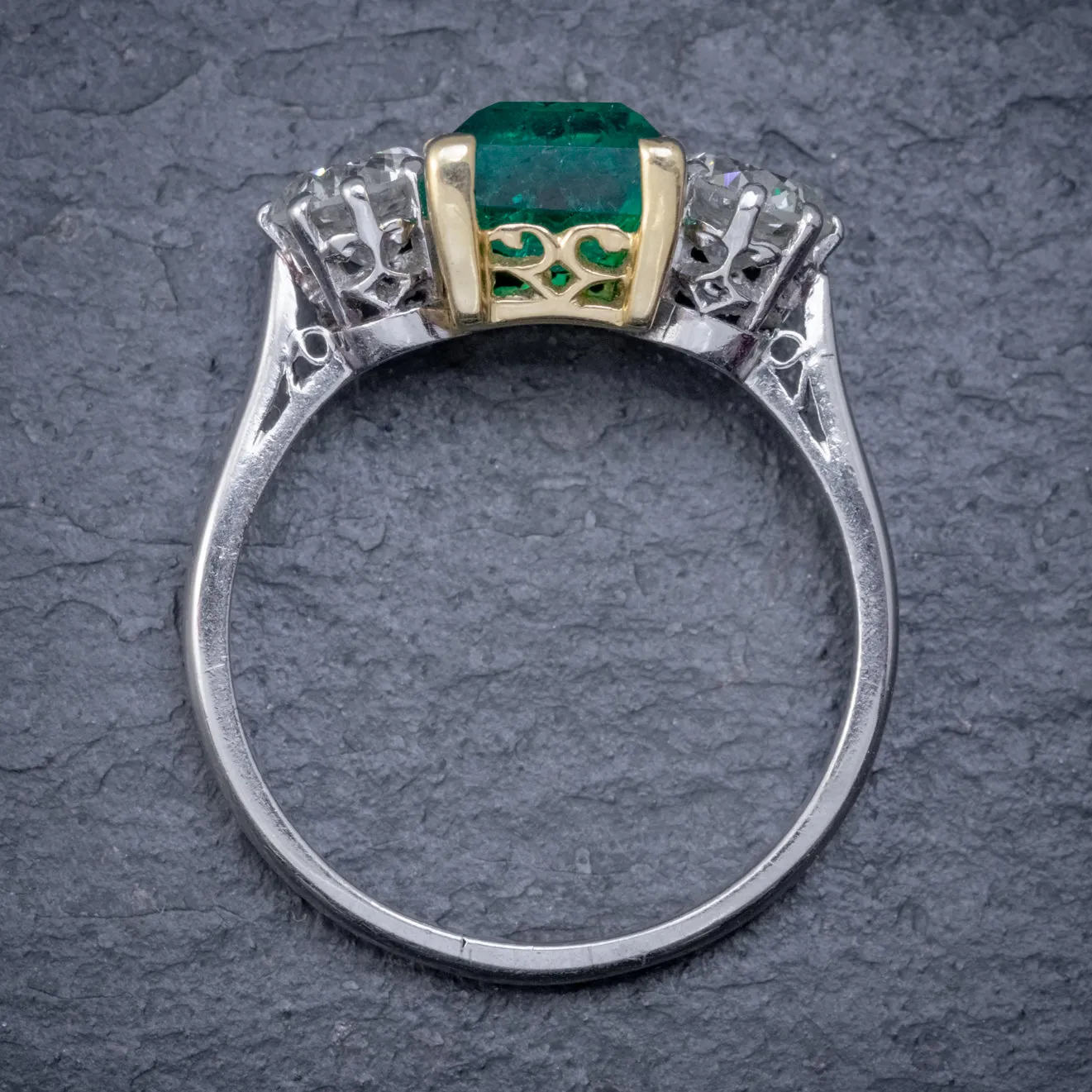 Art Deco Colombian Emerald Diamond Trilogy Ring Platinum 18ct Gold 2.55ct Emerald With Cert