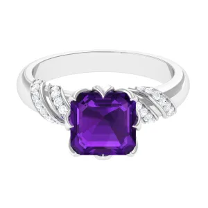 Asscher Cut Amethyst Designer Engagement Ring with Diamond