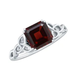 Asscher Cut Solitaire Garnet Celtic Knot Ring in Gold